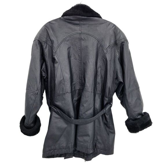 Vintage 80s Wilsons Leather Bomber Flight Jacket L Black Sherpa Trim Belted Zip - Picture 2 of 16